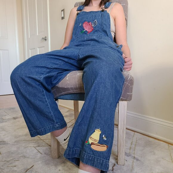 Vintage Mandal Bay Denim Overalls Womens L Hot Dog Embroidered Romper Cropped - Picture 1 of 11